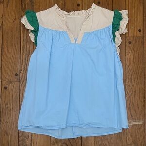Blue and Green Ruffle Sleeve Women's Top